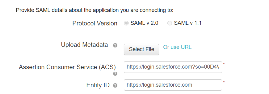 Salesforce SAML 세부 정보를 사용하여 사용자 지정 앱을 구성합니다.
