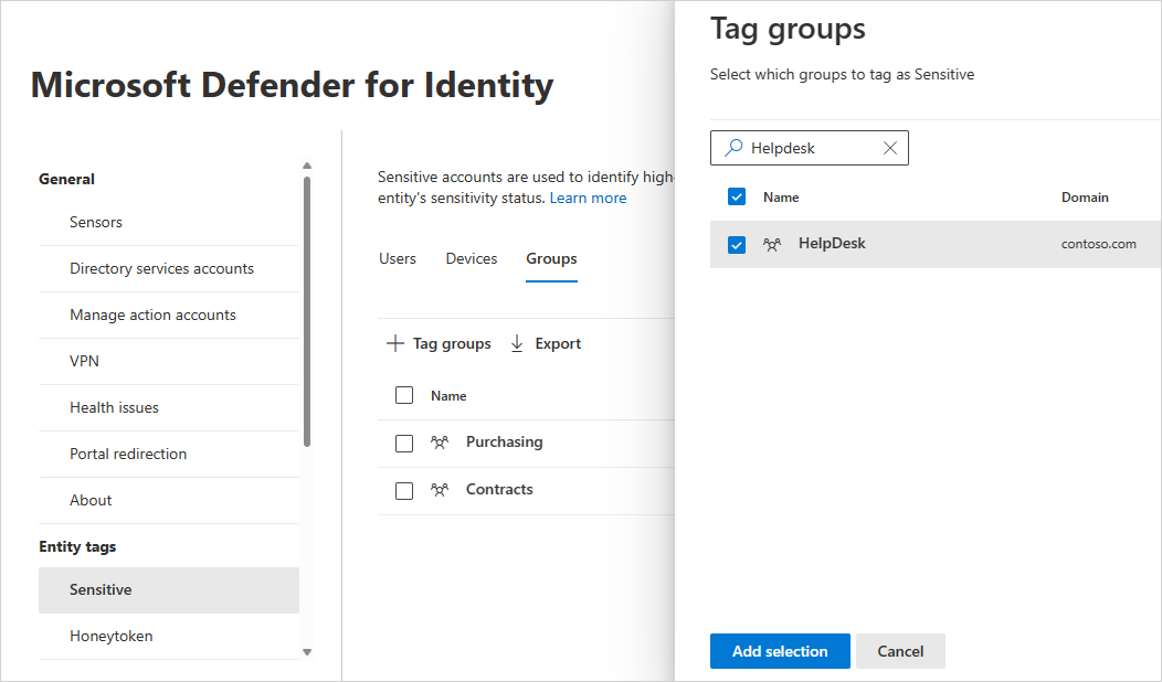 “Helpdesk”에 Defender for Identity 중요한 그룹으로 태그를 지정하여 이 권한 있는 그룹에 대해 횡적 이동 그래프 및 보고서를 사용하도록 설정합니다.