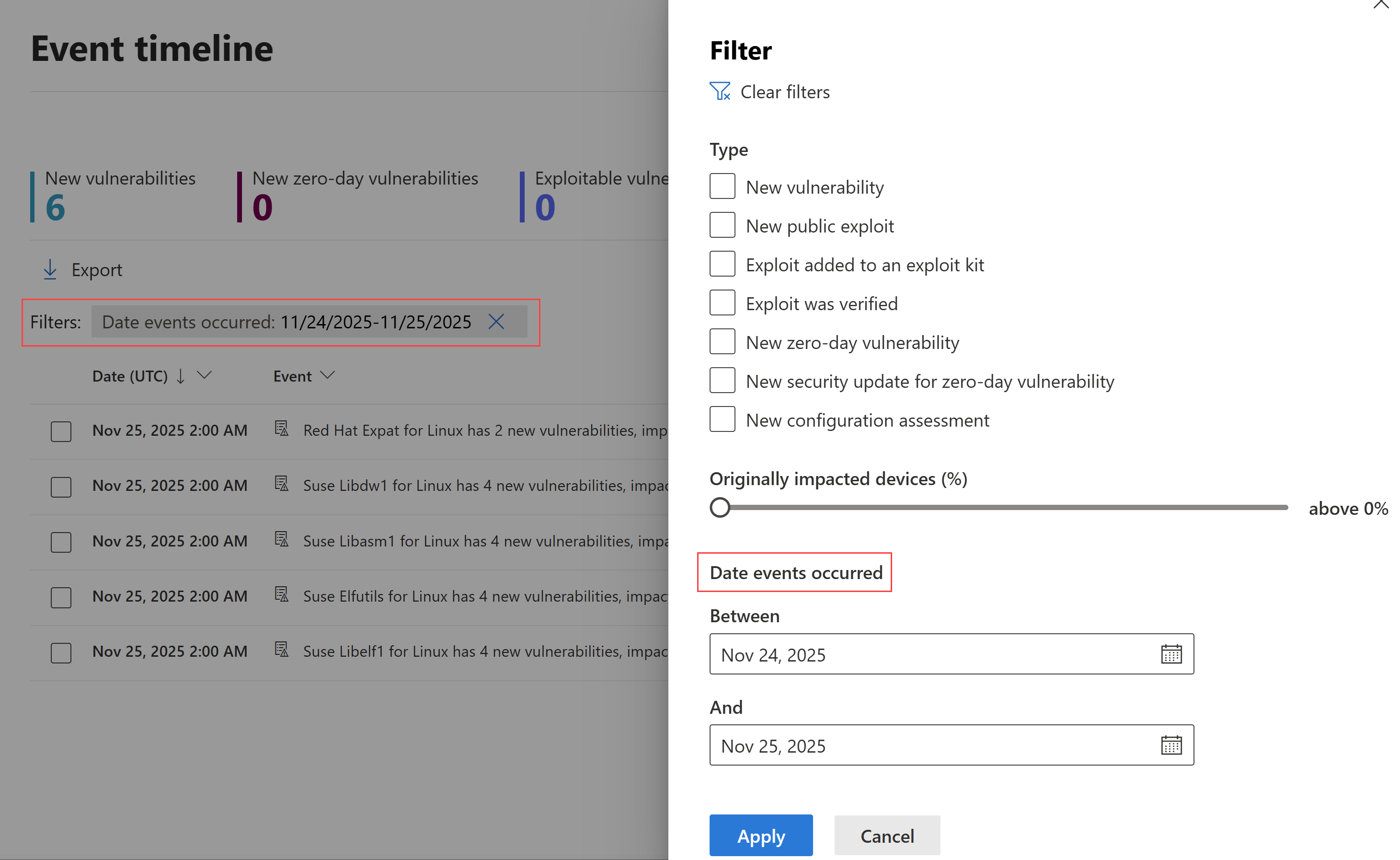 이벤트 타임라인 선택한 사용자 지정 날짜 범위입니다.