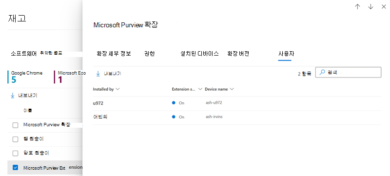 브라우저 확장 사용자 탭의 스크린샷.