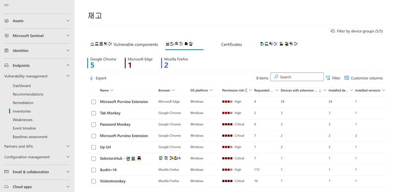 브라우저 확장 탭의 스크린샷