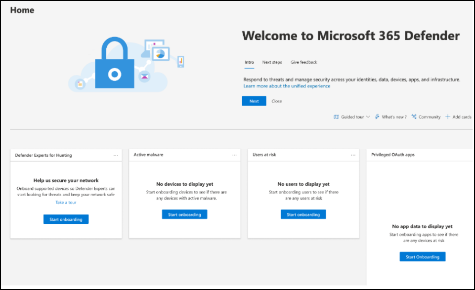 헌팅용 Defender 전문가용 카드가 있는 Microsoft Defender XDR 시작 페이지의 스크린샷.