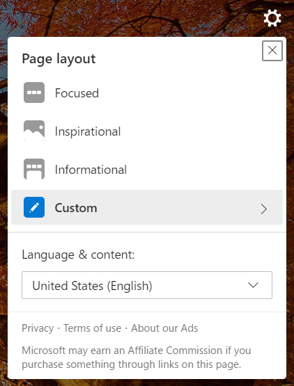 새 탭 페이지의 페이지 레이아웃 보기.