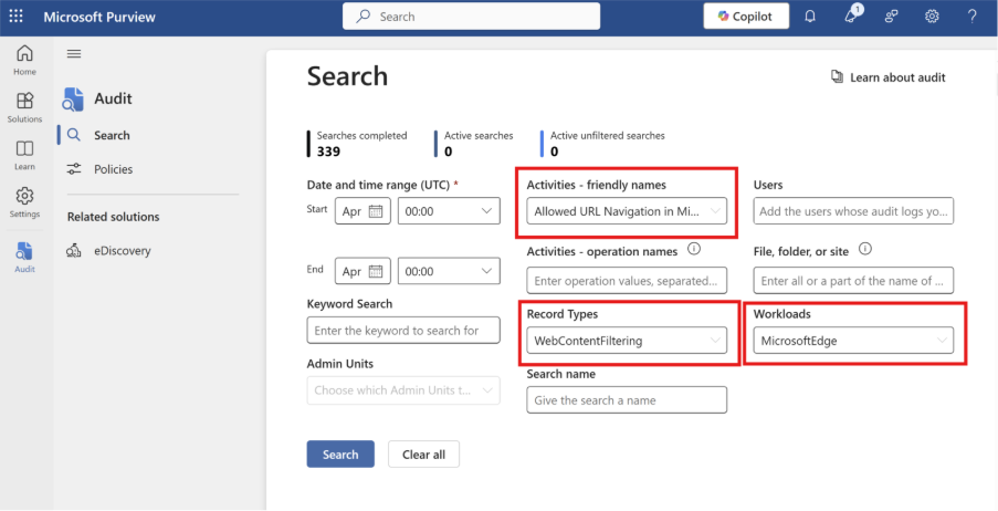 Microsoft Purview 감사 검색 인터페이스를 보여 주는 스크린샷