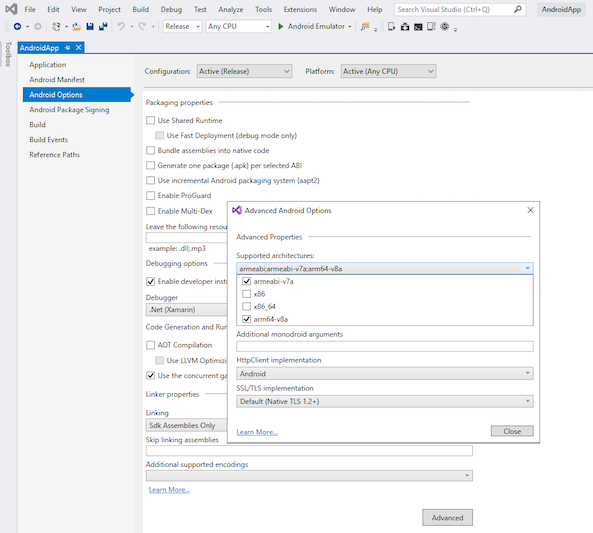 Visual Studio 고급 Android 옵션 창의 지원되는 아키텍처 목록