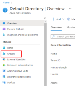 Azure Active Directory 기본 디렉터리 페이지의 왼쪽 메뉴에 있는 그룹 메뉴 항목의 위치를 보여 주는 스크린샷