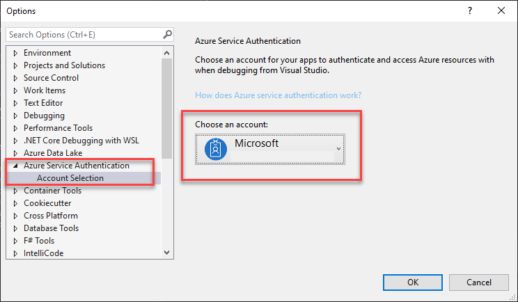 Visual Studio를 사용하여 Azure에 로그인하는 방법을 보여 주는 스크린샷
