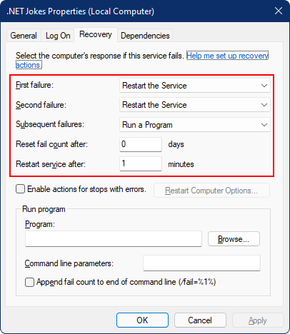 The Windows Service recovery configuration properties dialog with restart enabled.