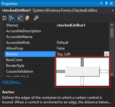 앵커 속성이 확장된 .NET Windows Forms의 Visual Studio 속성 창.