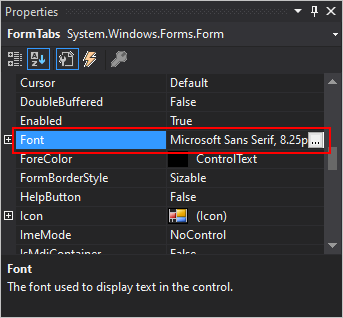Visual Studio Properties pane for .NET Windows Forms with Font property shown.