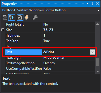 Visual Studio Properties pane for .NET Windows Forms with Text property shown.