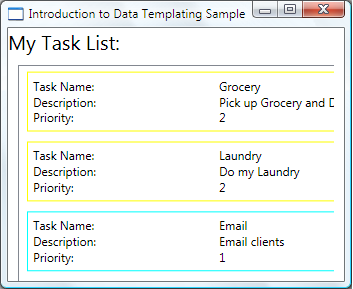 홈 및 사무실 작업 테두리가 색으로 강조 표시된 내 작업 목록 ListBox를 보여 주는 데이터 템플릿 소개 샘플 창의 스크린샷