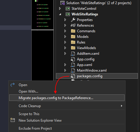 Visual Studio의 솔루션 탐색기 상황에 맞는 메뉴로, 'Migrate packages.config' 항목을 표시합니다.