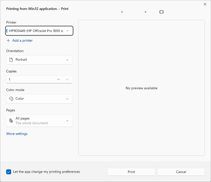 WPF 애플리케이션에서 표시된 인쇄 대화 상자입니다.