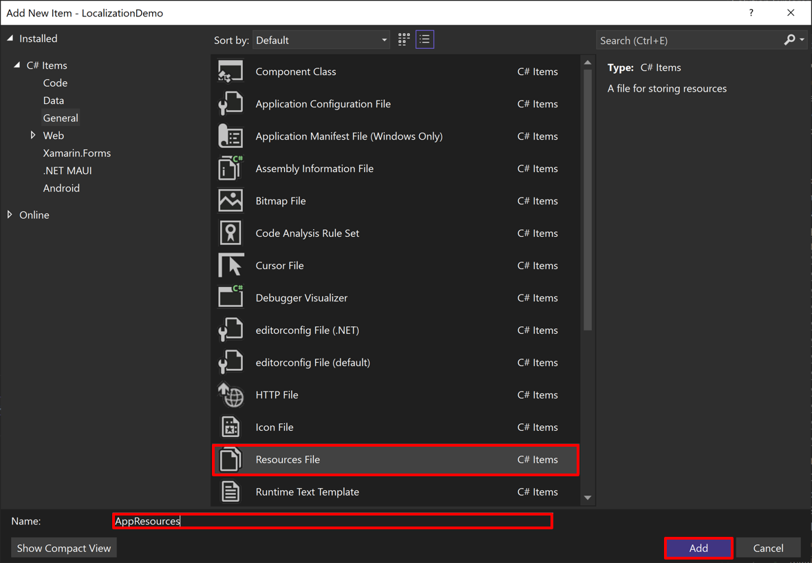 Screenshot of adding a resource file in Visual Studio.
