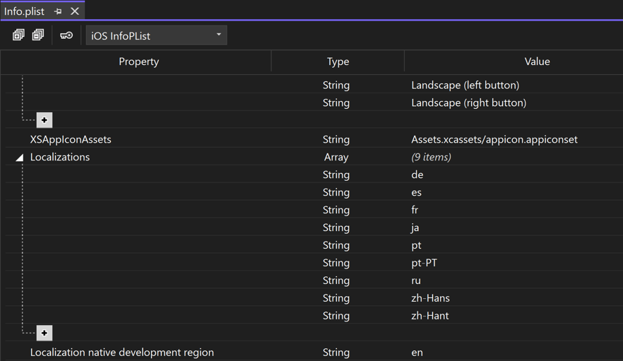 Screenshot of the supported locales for the app in the generic Info.plist editor.