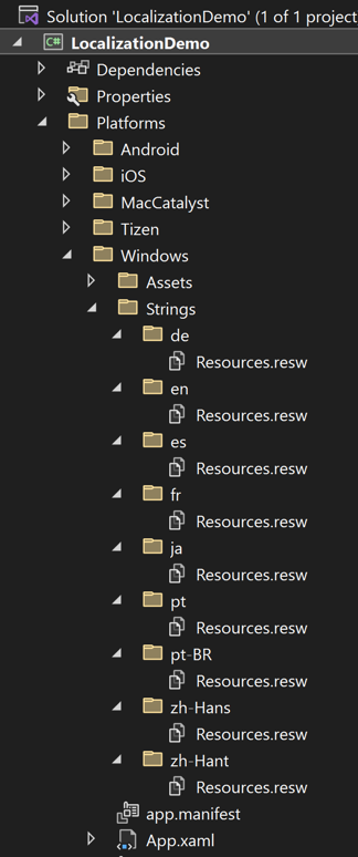 Screenshot of the localized folder structure in Visual Studio for strings on Windows.