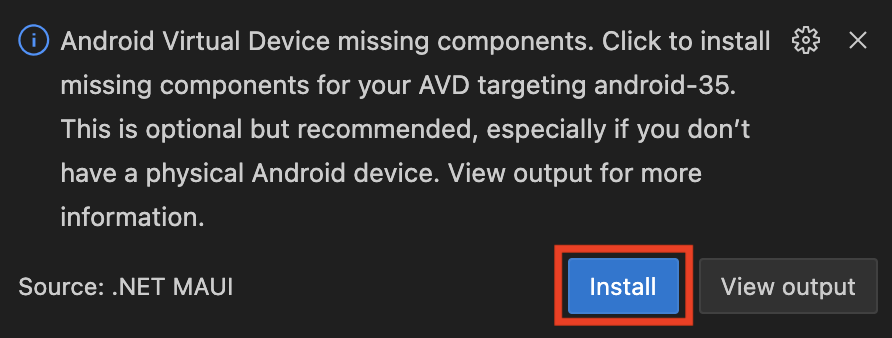Visual Studio Code Android Virtual Device 설치 팝업의 스크린샷.