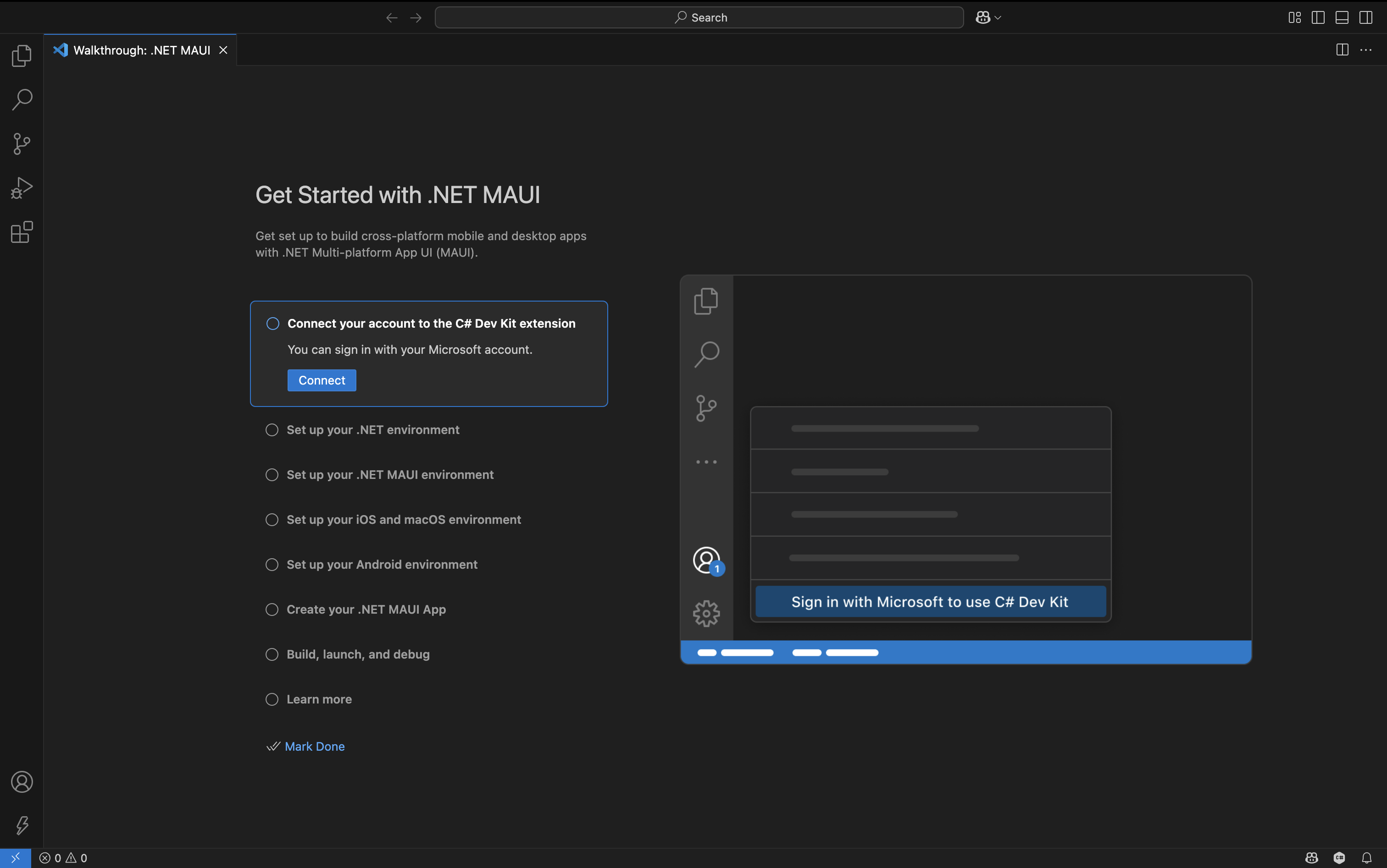 Visual Studio Code 확장 탭에 표시된 .NET MAUI 탐색 스크린샷
