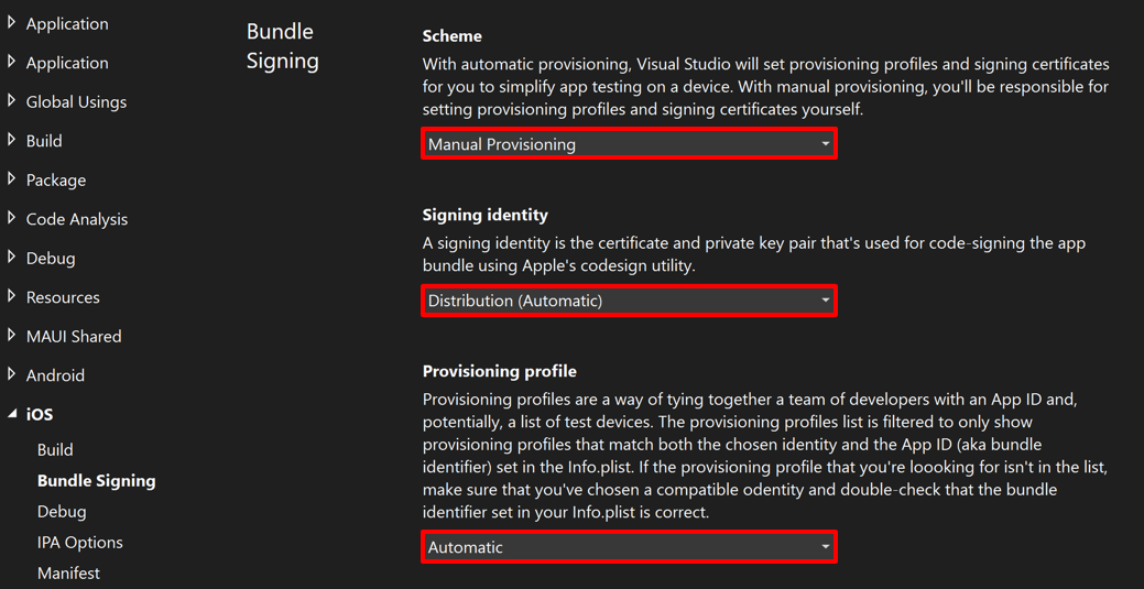 Visual Studio의 iOS용 번들 서명 탭 스크린샷