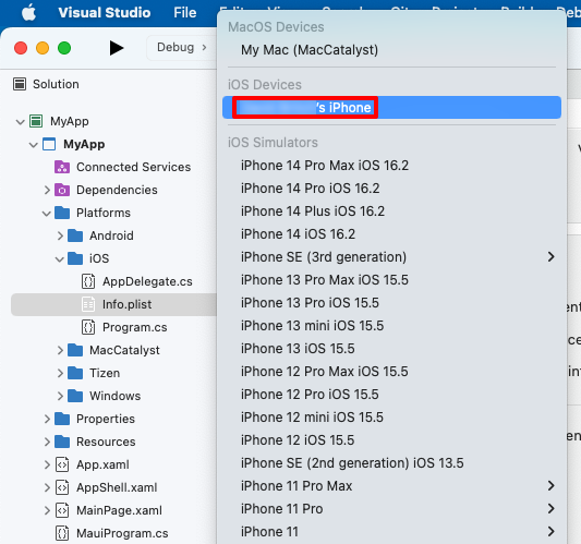 Select your remote device in Visual Studio for Mac.