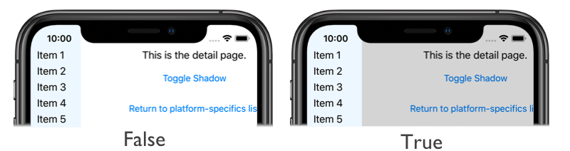 Screenshot of a FlyoutPage with and without shadow.