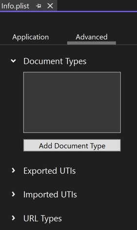 Screenshot of advanced tab in Visual Studio Info.plist editor.