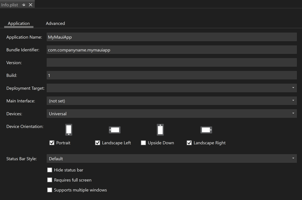Screenshot of application tab in Visual Studio Info.plist editor.