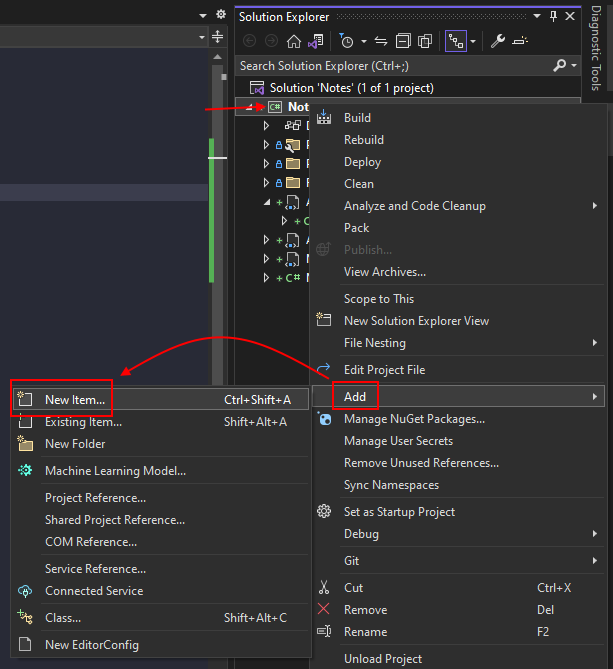 Visual Studio에서 프로젝트를 마우스 오른쪽 단추로 클릭하고 새 항목을 선택합니다.