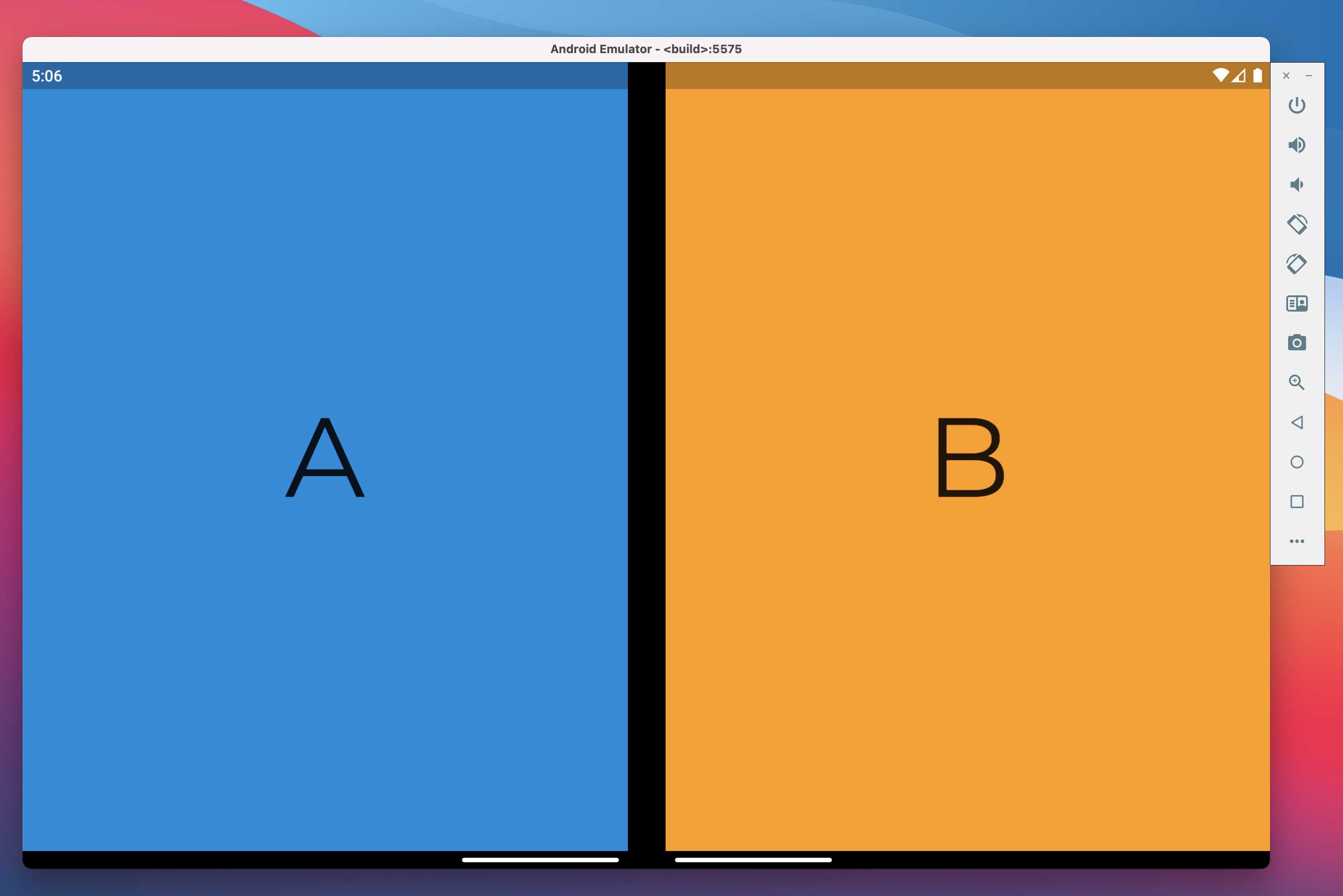 Surface Duo의 Flutter TwoPaneView, 왼쪽 화면에 파란색 위젯이 표시되고 오른쪽 화면에 주황색 위젯이 표시됩니다.