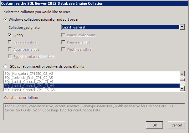 SQL Server collation screenshot of configuration of sql server database collation window with windows collation selected