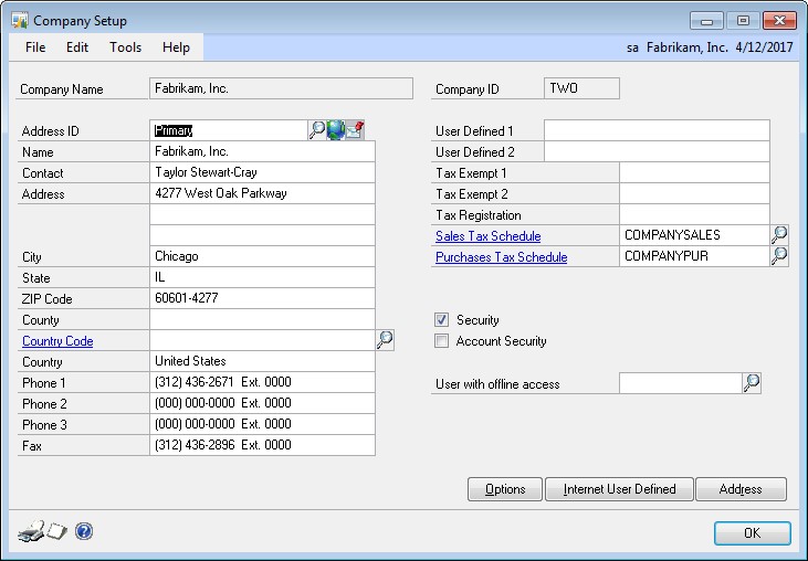 Screenshot of the Company Setup window.
