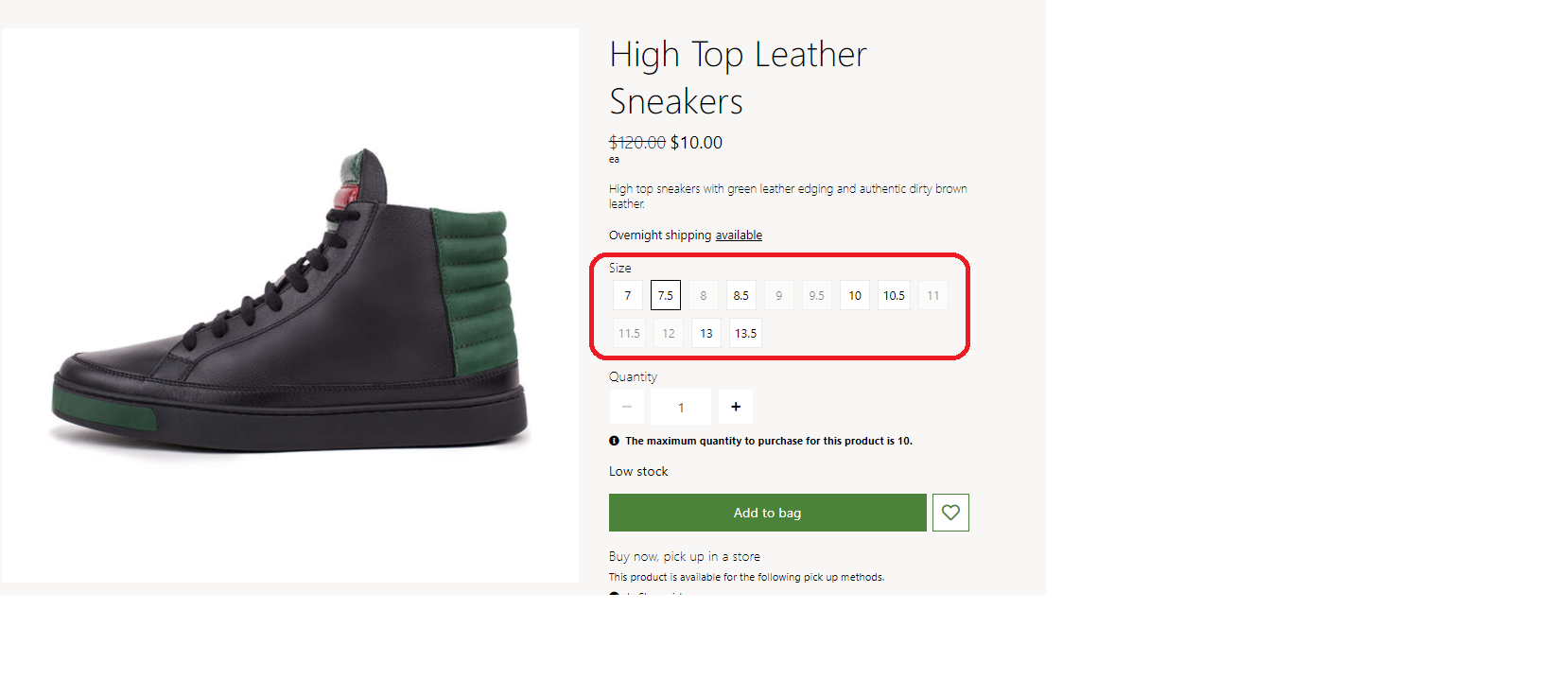 Screenshot of inventory awareness on the size swatches of a product details page.