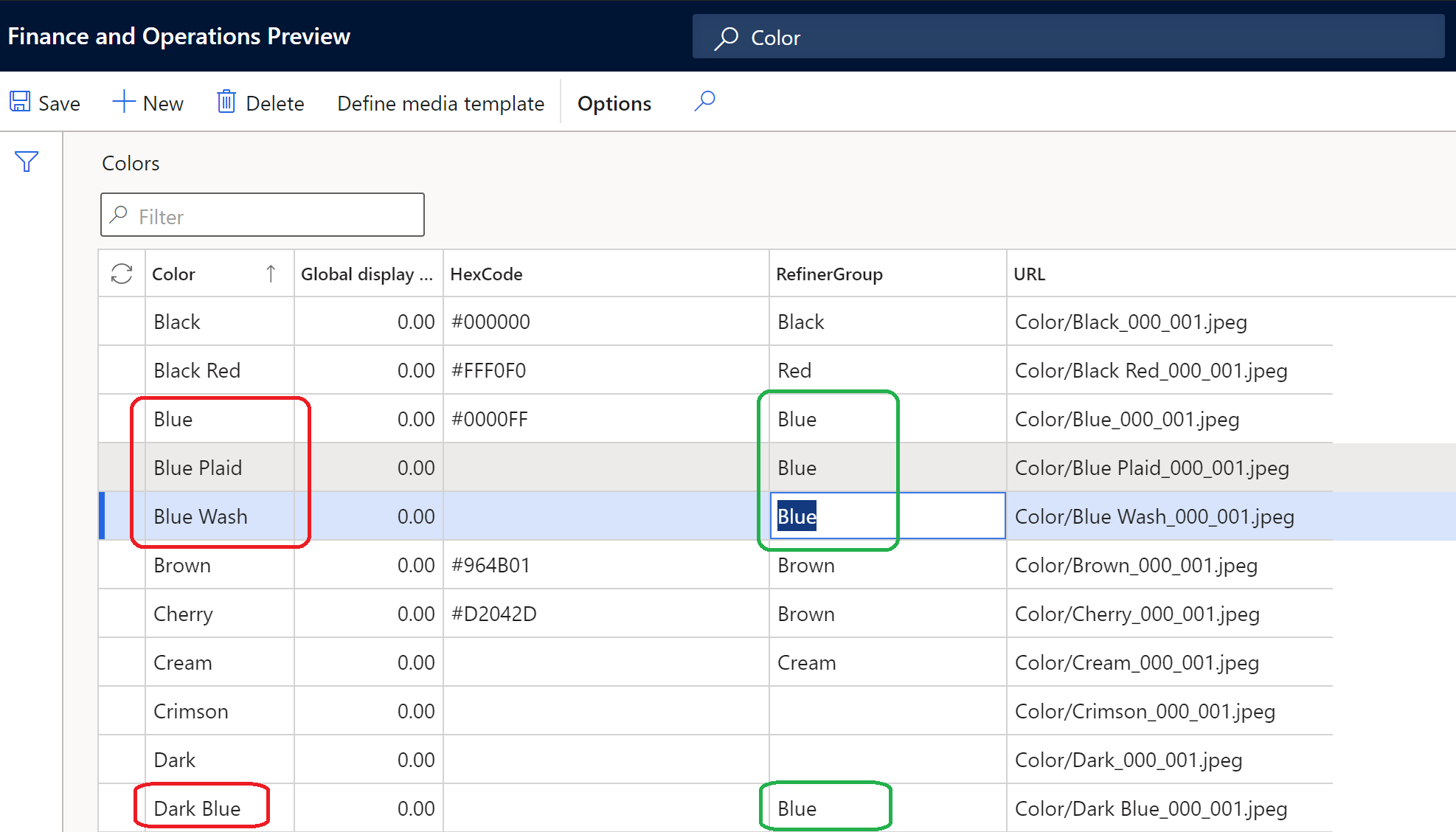 Screenshot of refiner group management showing the relationship between Color and RefinerGroup properties.