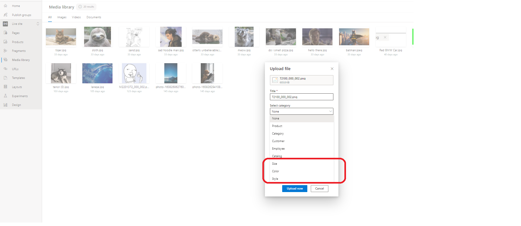 Screenshot of the Upload files dialog box in the site builder media library with Size, Color, and Style categories.