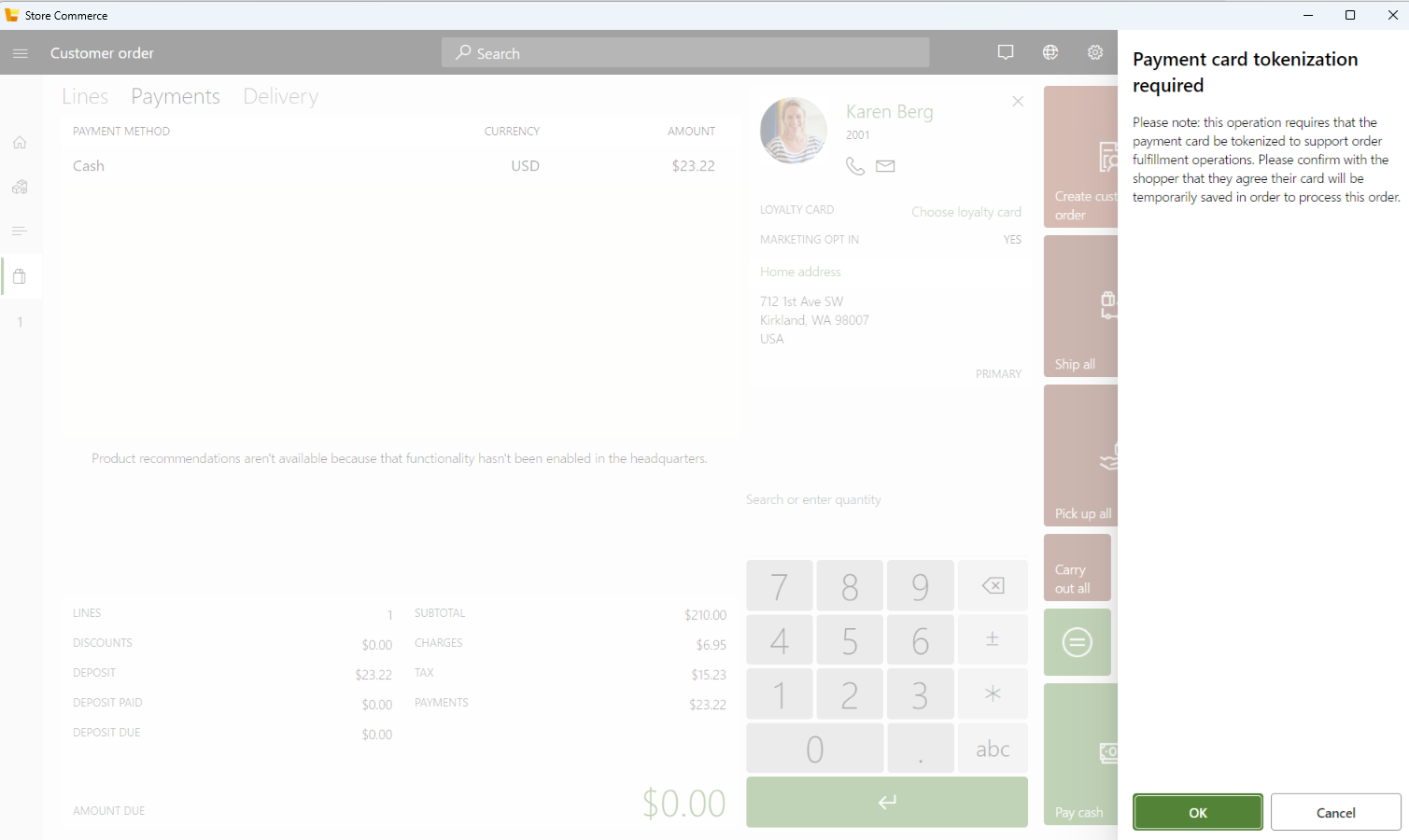 Screenshot of the dialog prompting the cashier to get customer consent for tokenization.