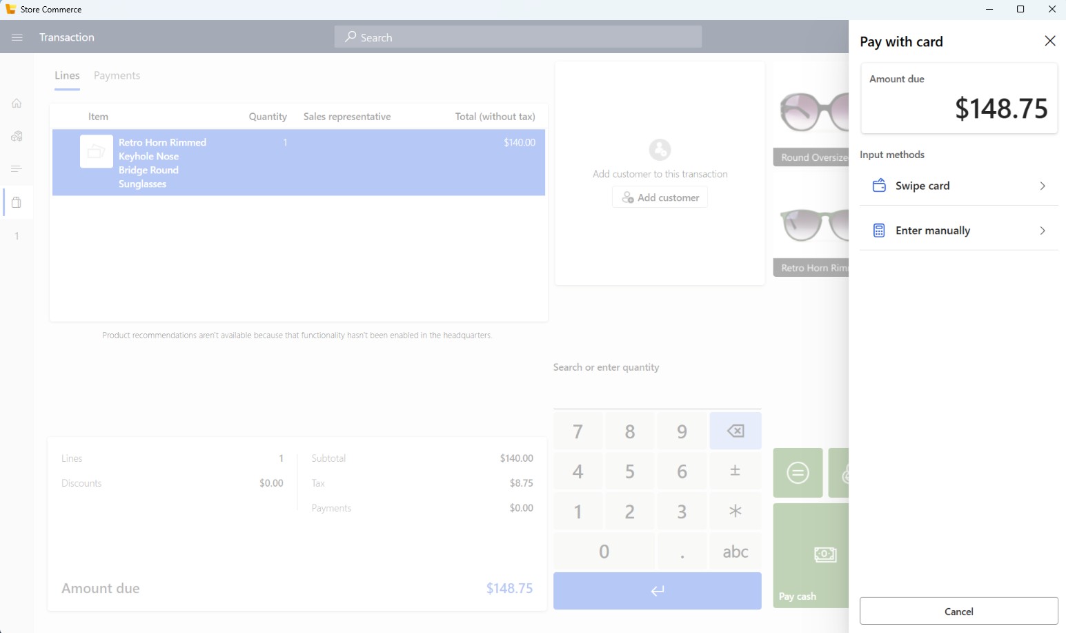 Pay with card flyout showing the Swipe card and Enter manually input methods.