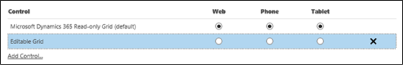 폼 팩터 선택의 편집 가능한 표의 행.
