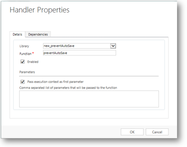 Dynamics 365 for Customer Engagement에서 자동 저장을 방지하기 위한 OnSave 이벤트 처리기.