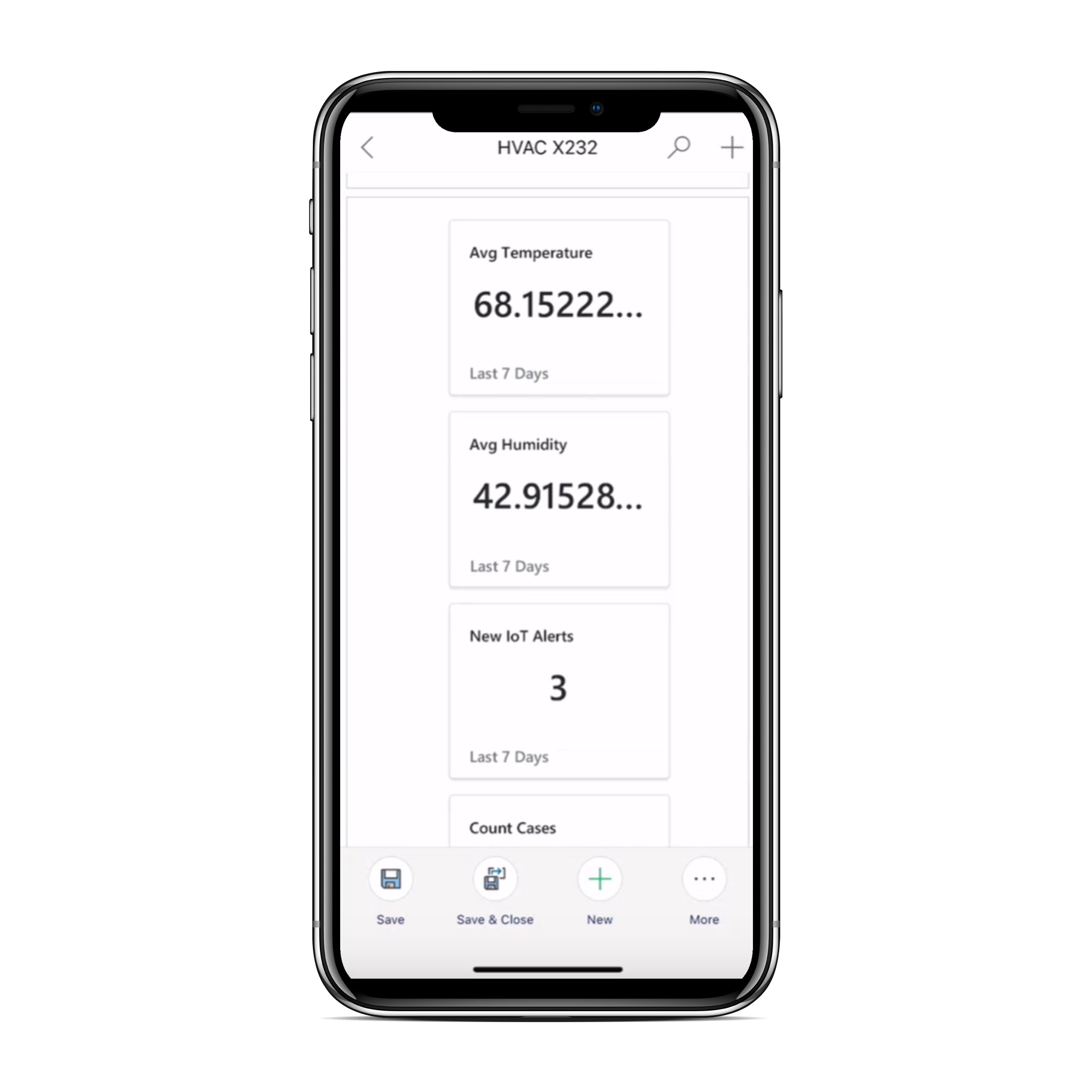 Field Service 모바일 앱에서 자산의 요약 타일을 표시하는 휴대폰의 시뮬레이션 이미지.