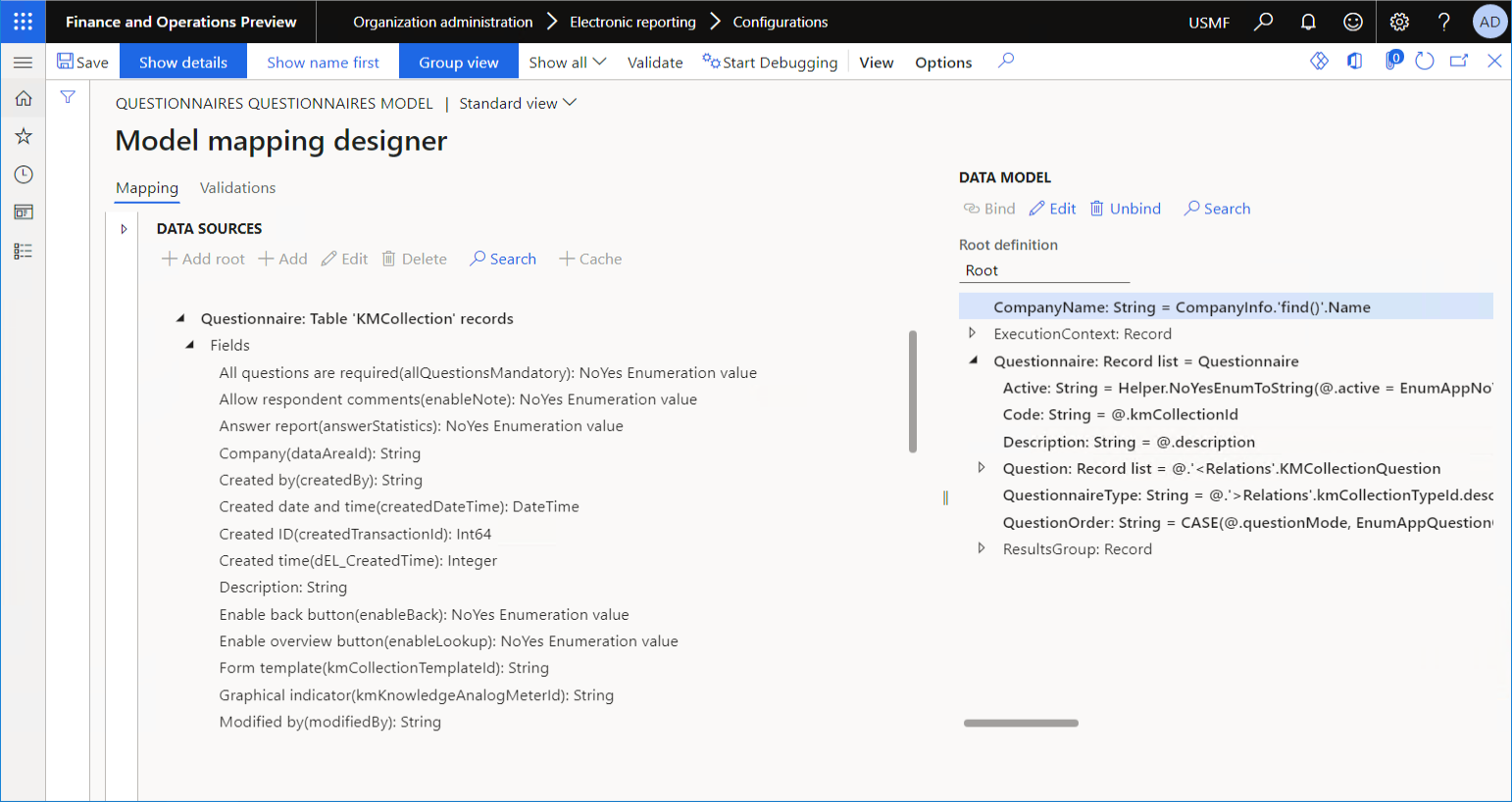 Reviewing the provided model mapping on the Model mapping designer page when Group view is turned on.