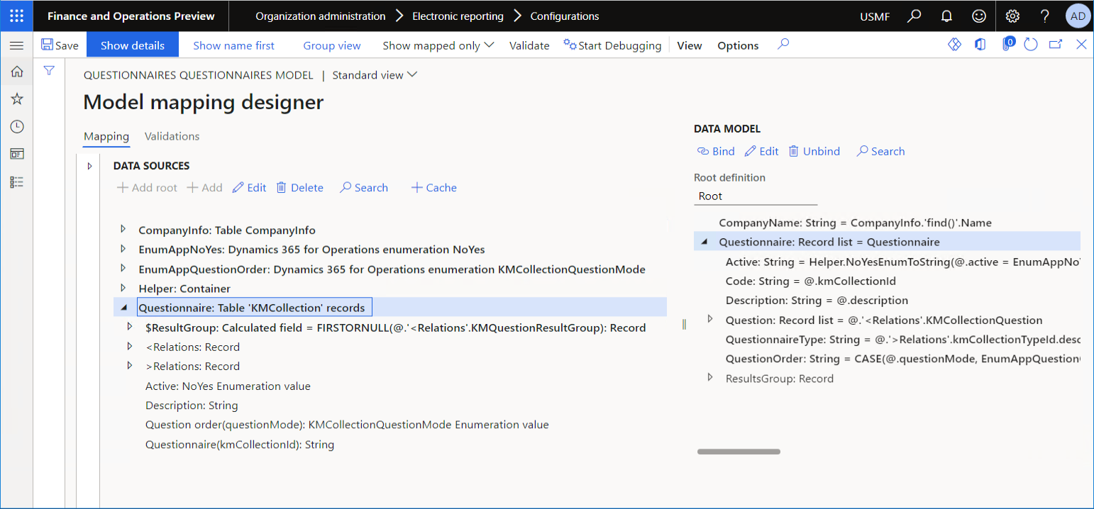 Reviewing the provided model mapping on the Model mapping designer page when Group view is turned off.