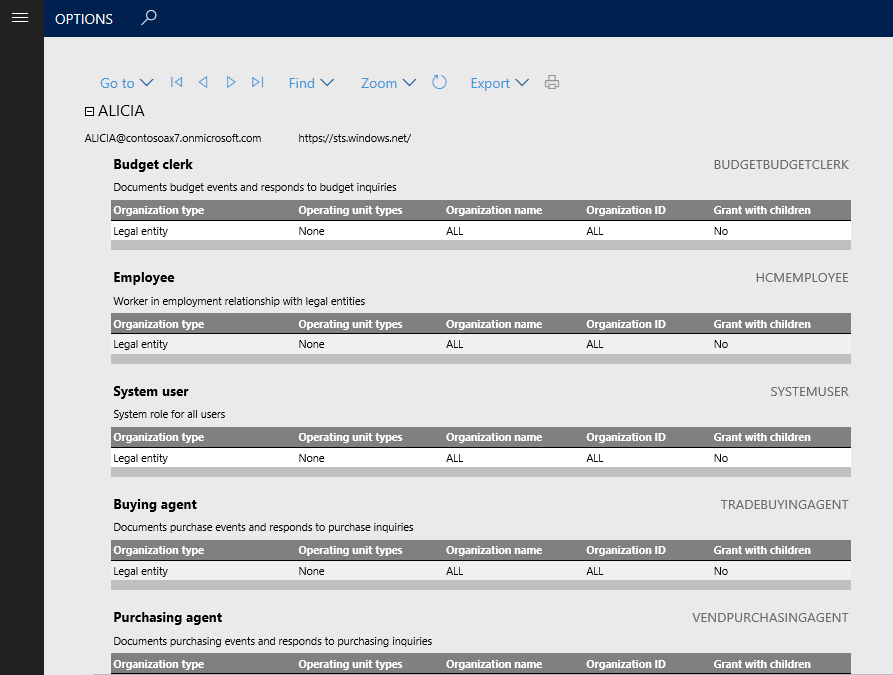 Screenshot of the User role assignments report showing users and their assigned roles.