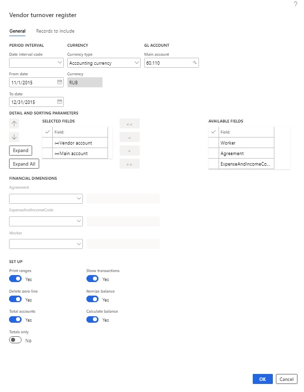 Vendor turnover register page, General tab.