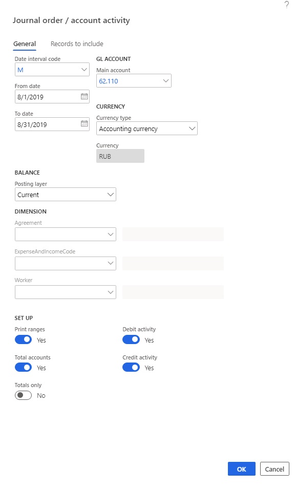 Journal order/account activity report, General tab.