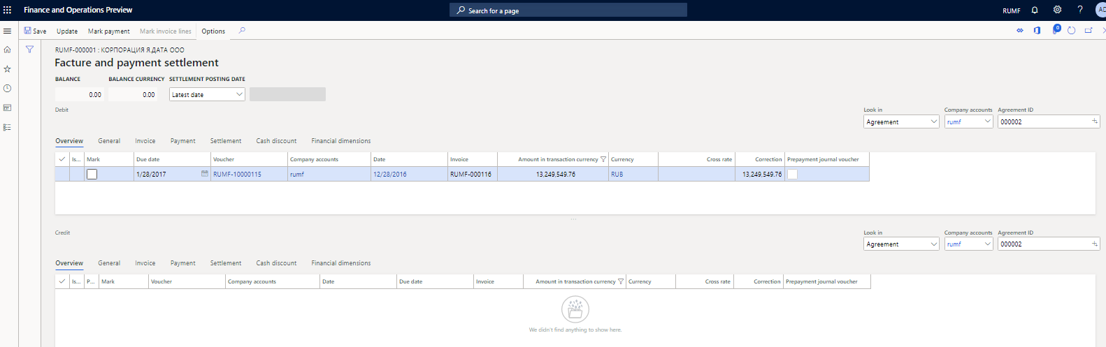 Facture and payment settlement page.