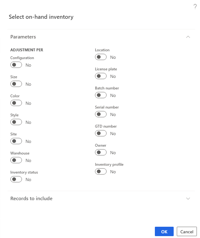 Select on-hand inventory parameters dialog box.