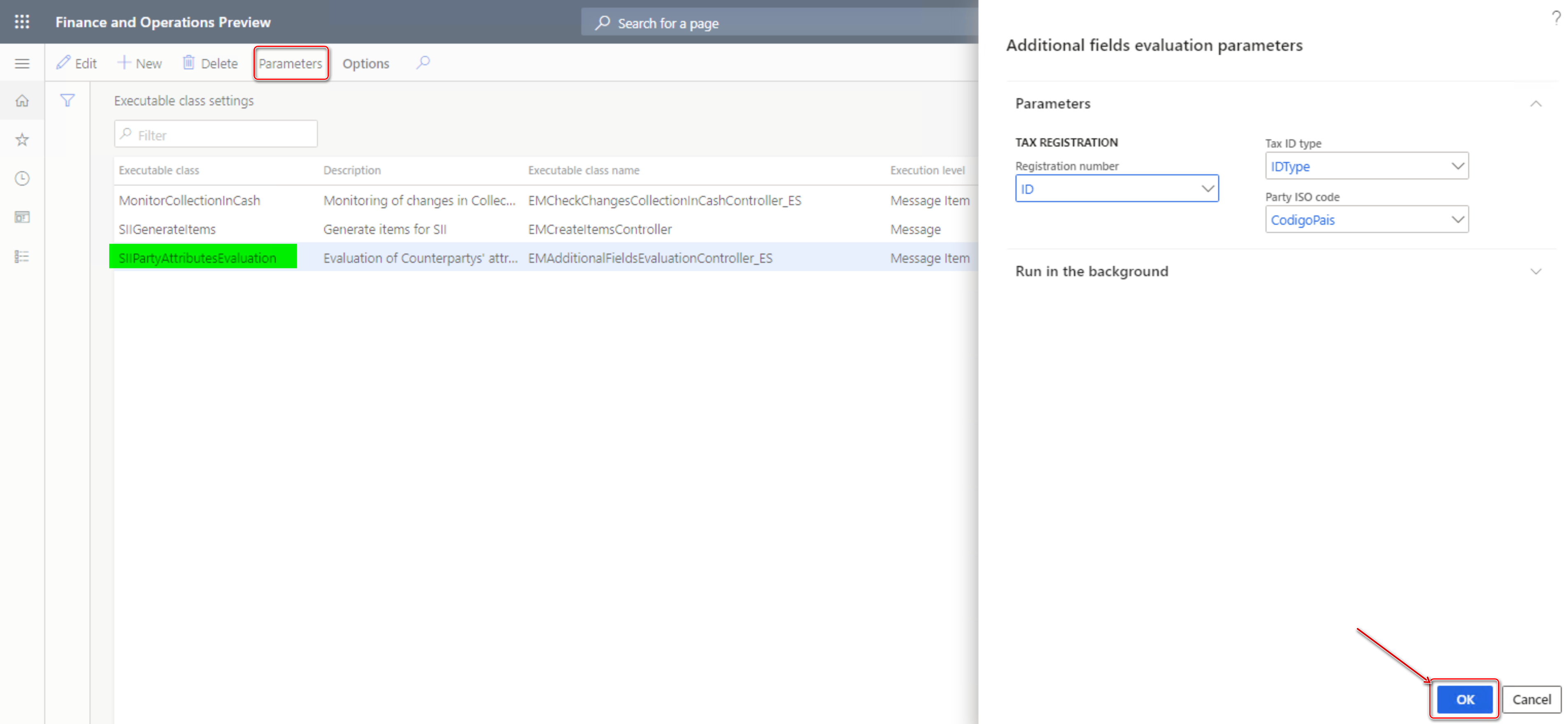 Add fields evaluation parameters pane.