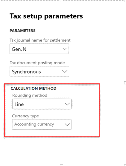 Tax setup parameters, Calculation method field group.