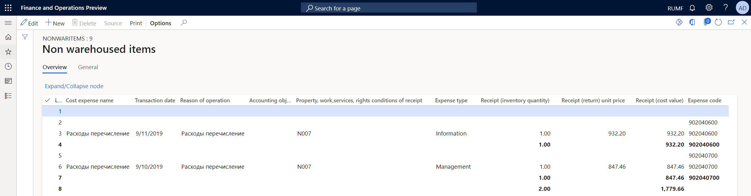 Example of the Non warehoused items tax register